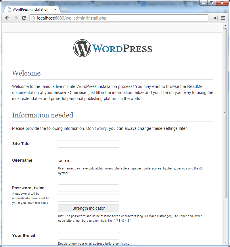 wordpress inital screen 8080