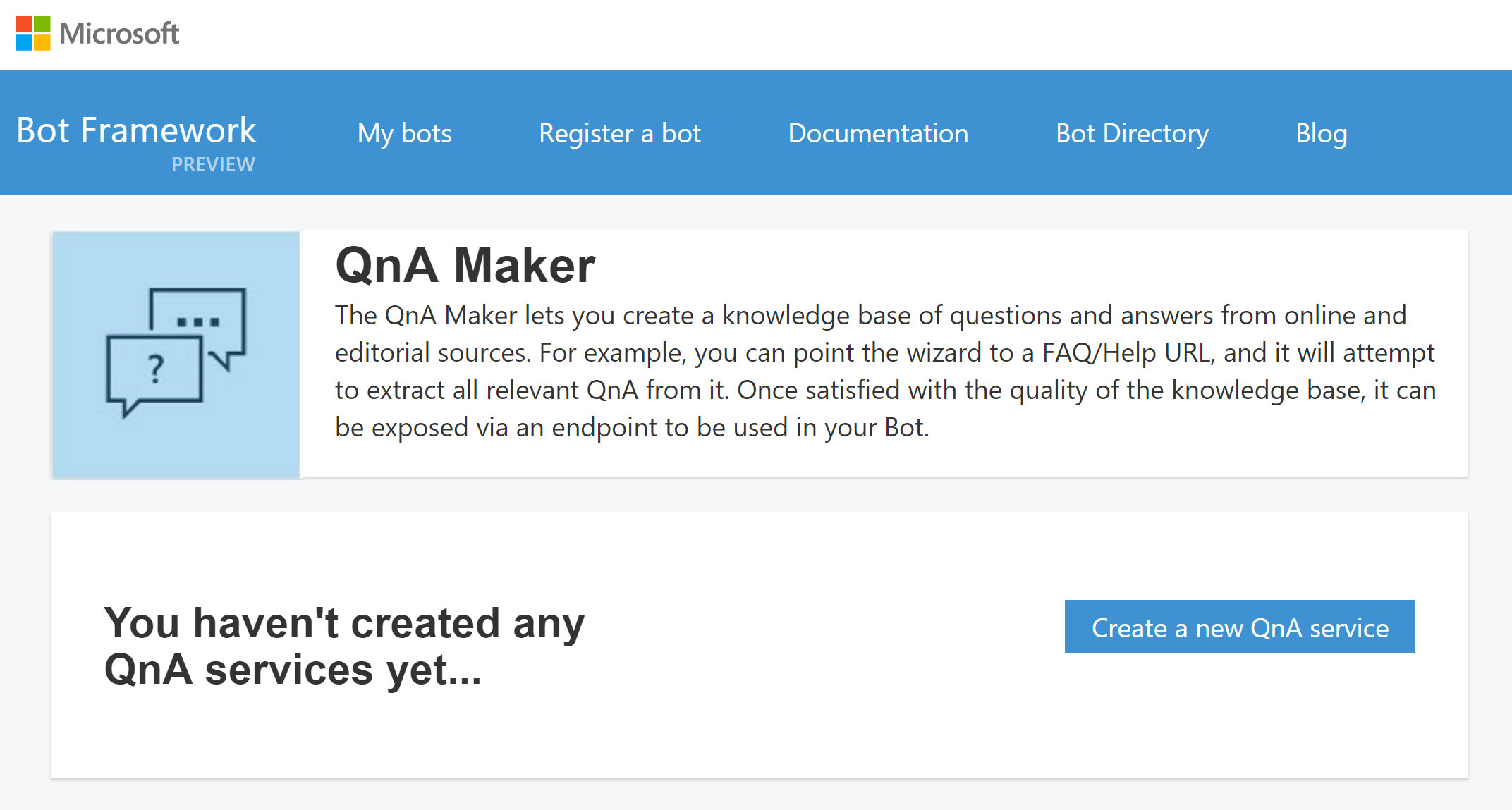 botframework QnA maker - Create new QnA service